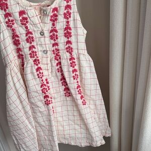 Pink chicken 4y 4y girl Embroidered Kids Dress - pink and White grid